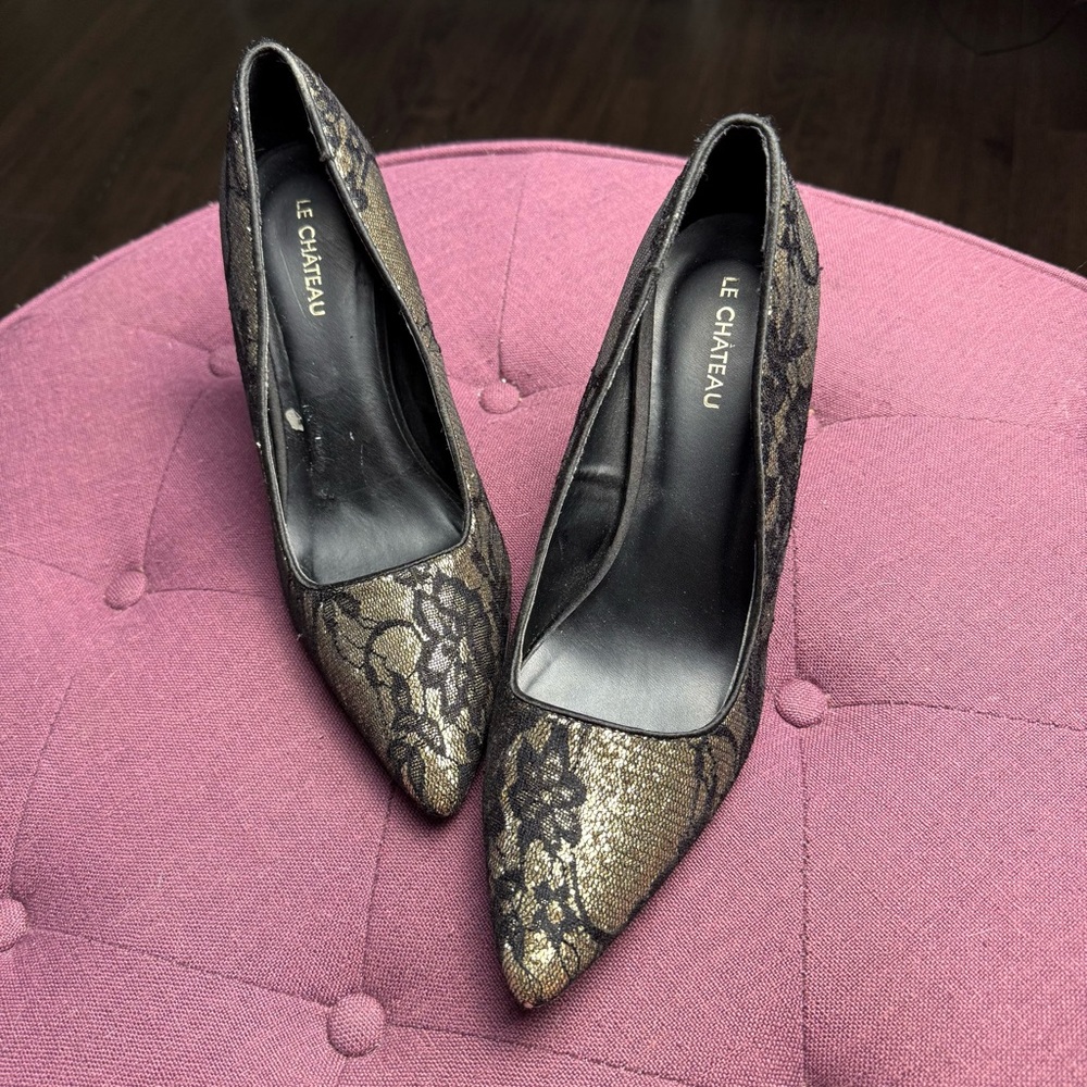 Vintage Le Château Lace Metallic Black and Gold Heels Y2K Vintage Size‎ 8 - Picture 6 of 8